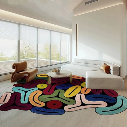 Colorful abstract rug in a modern living room
