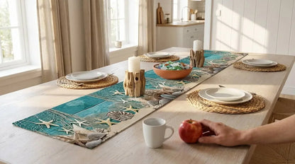 Dining table set with placemats, plates, and a person holding an apple.