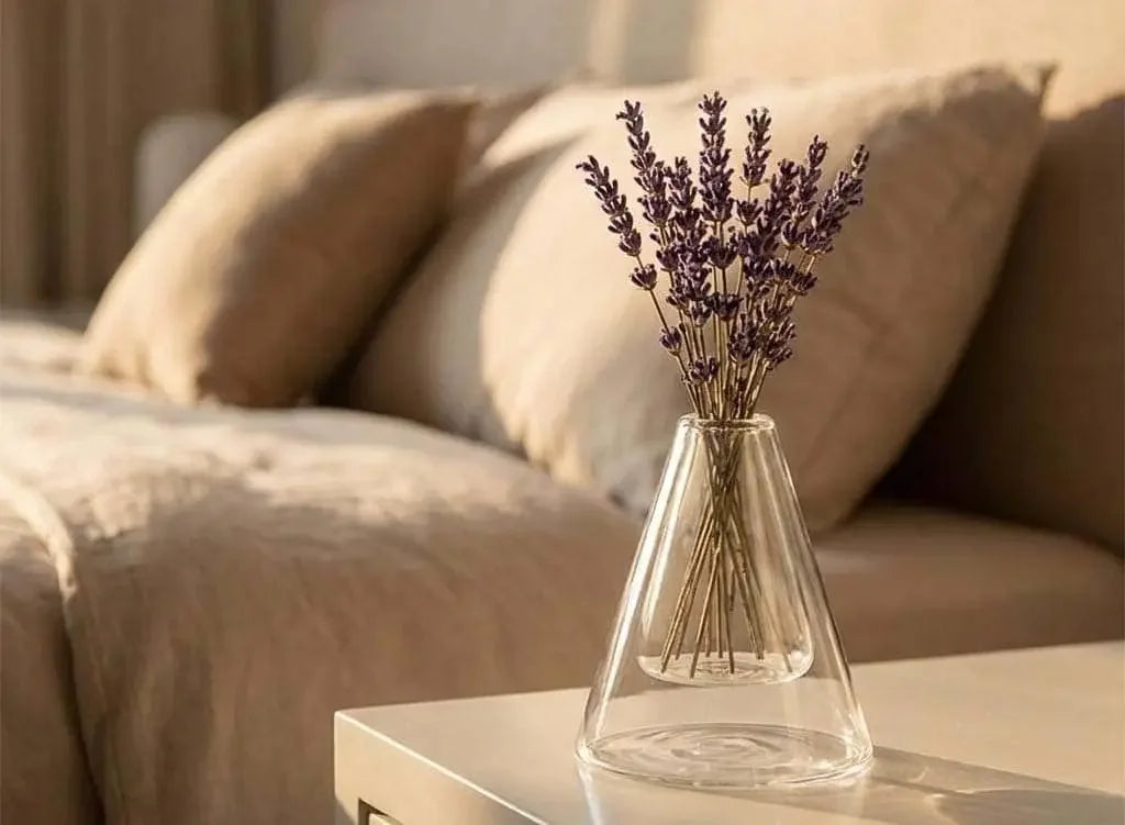 Clear vase with lavender on a coffee table in front of a beige sofa