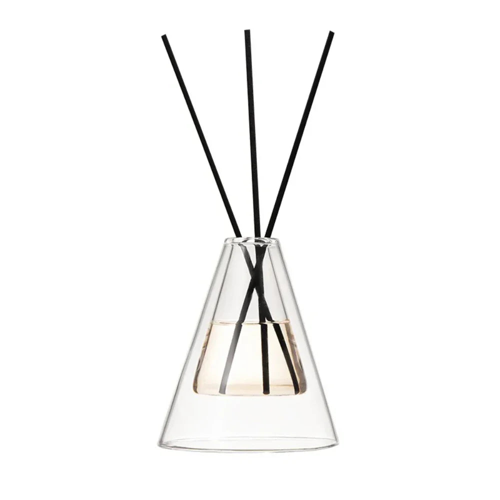 Clear glass diffuser with black sticks on a white background