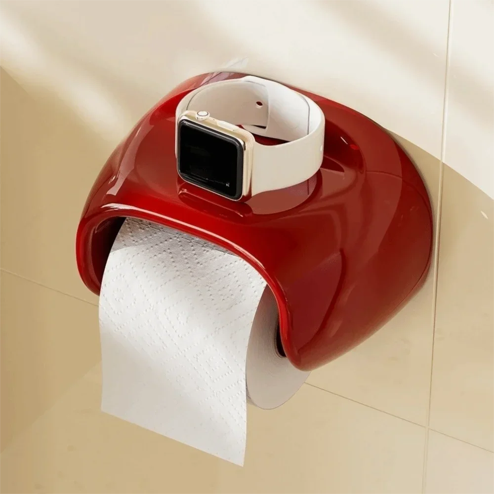 Red Vintage Roll Holder with a white smartwatch on a beige wall.