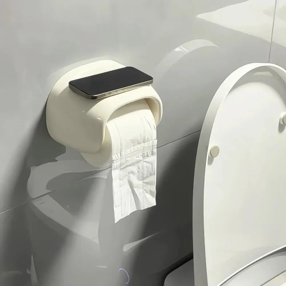 Toilet paper holder mounted on a bathroom wall with toilet in the background