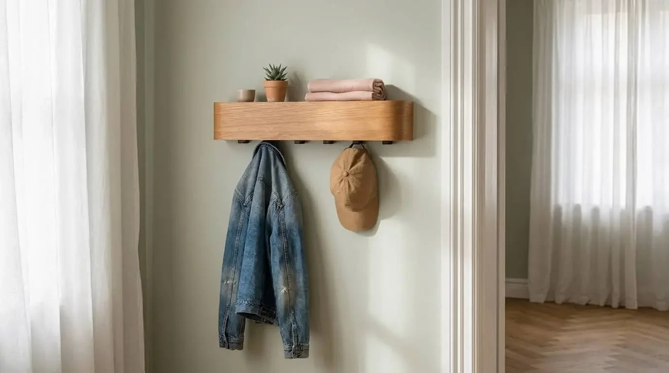 Wooden shelf with a denim jacket, cap, and folded clothes against a neutral wall.